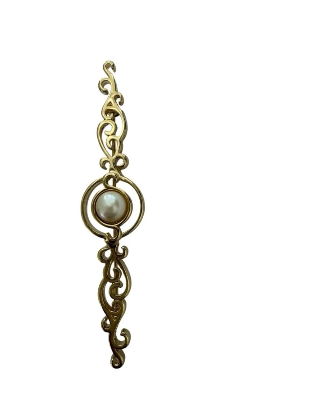 Vintage Monet Scrollwork Brooch Bar Pin Ornate Curls Gold Tone Faux Pearl Signed